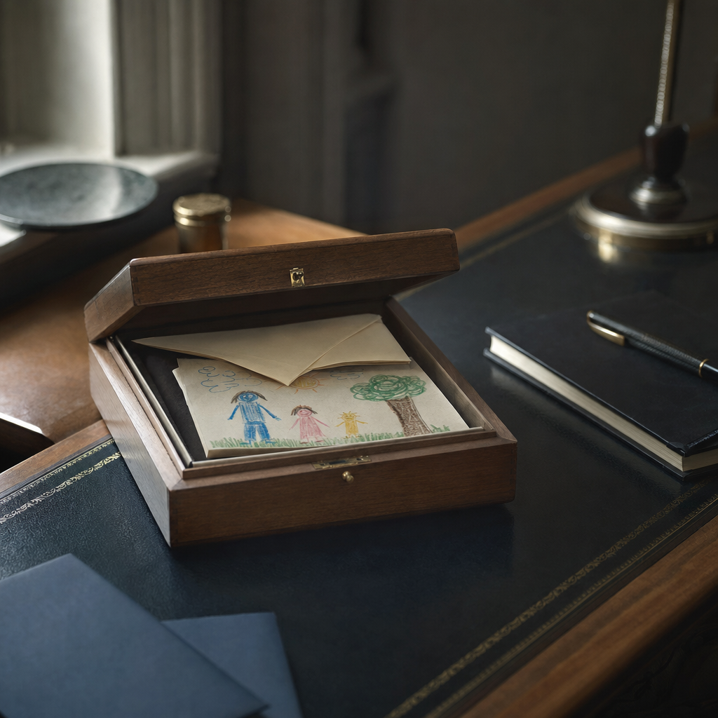 A handwritten letter folded beside a formal will document, resting on a dark wooden desk alongside a fountain pen