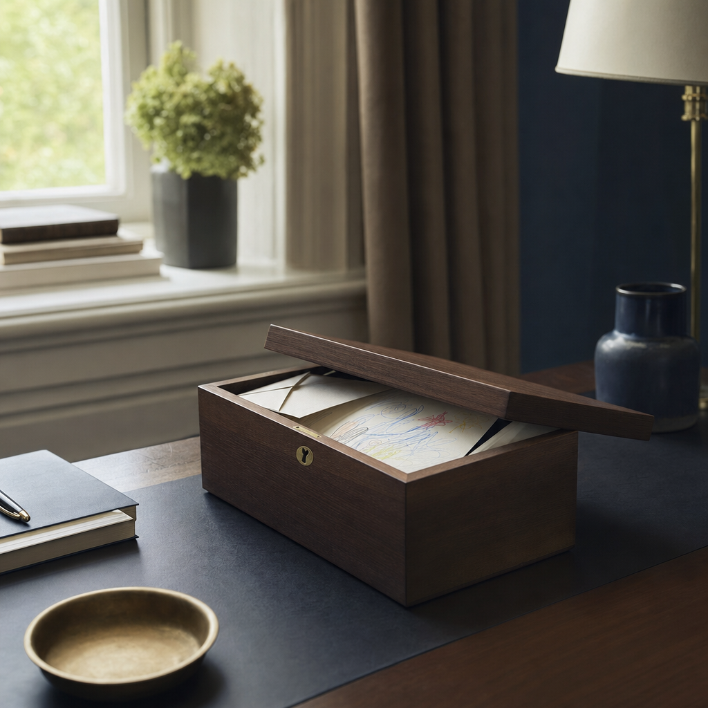 A handwritten letter resting beside a formally executed will document on a wooden desk, with a fountain pen placed across both papers.