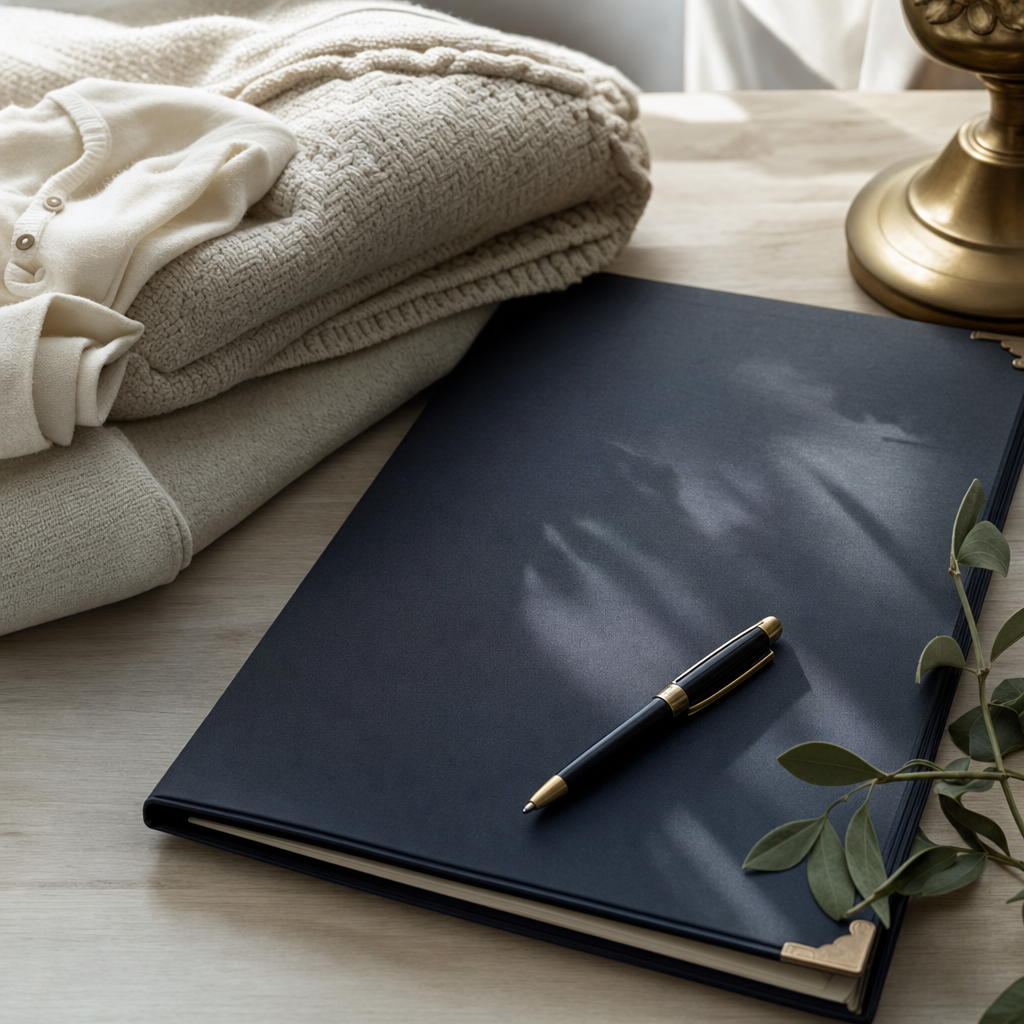 A long-form birth certificate resting on a wooden desk beside a fountain pen and a small stack of official letters