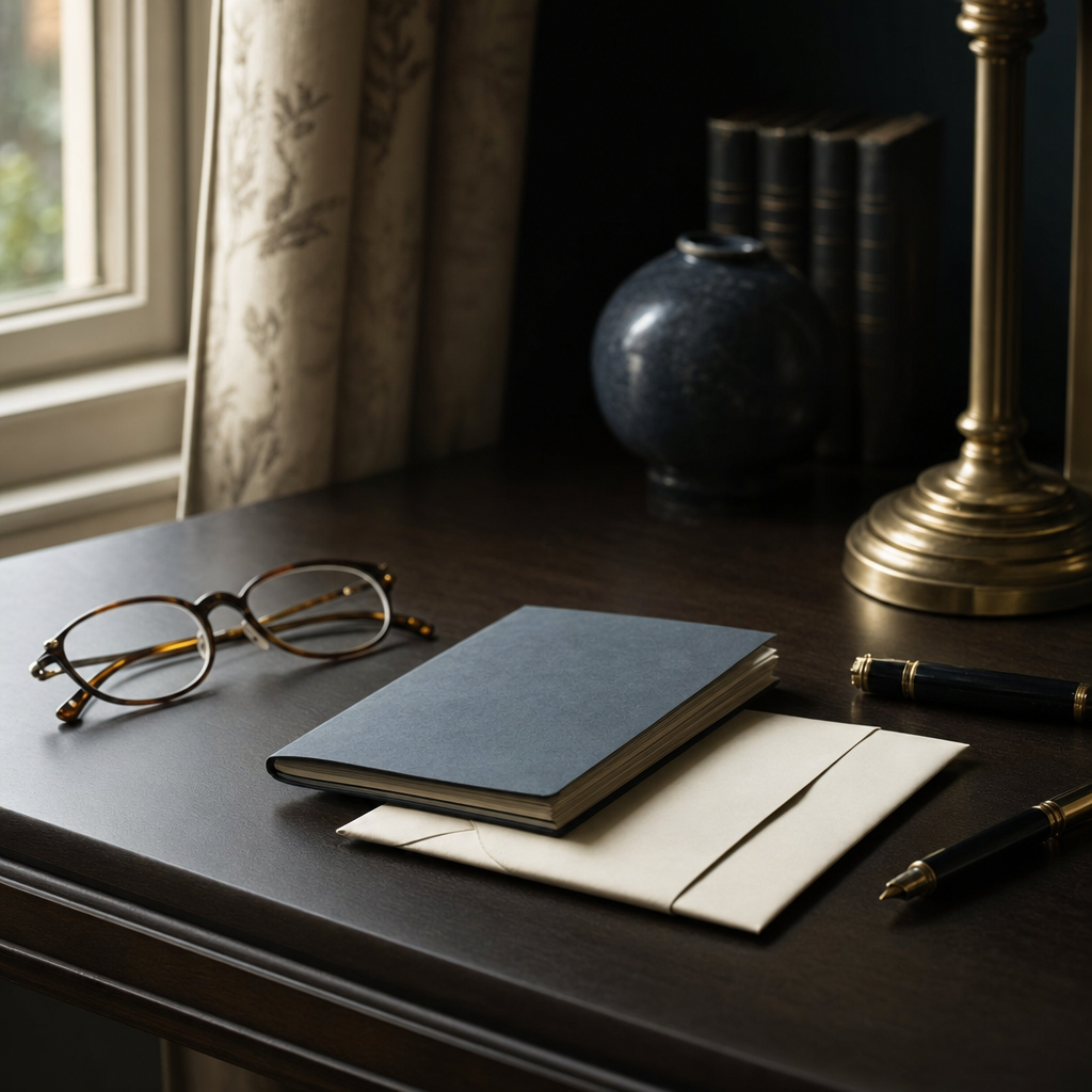 A wooden writing desk with a death certificate, a fountain pen, and a folded letter beside a cup of tea, photographed in natural light