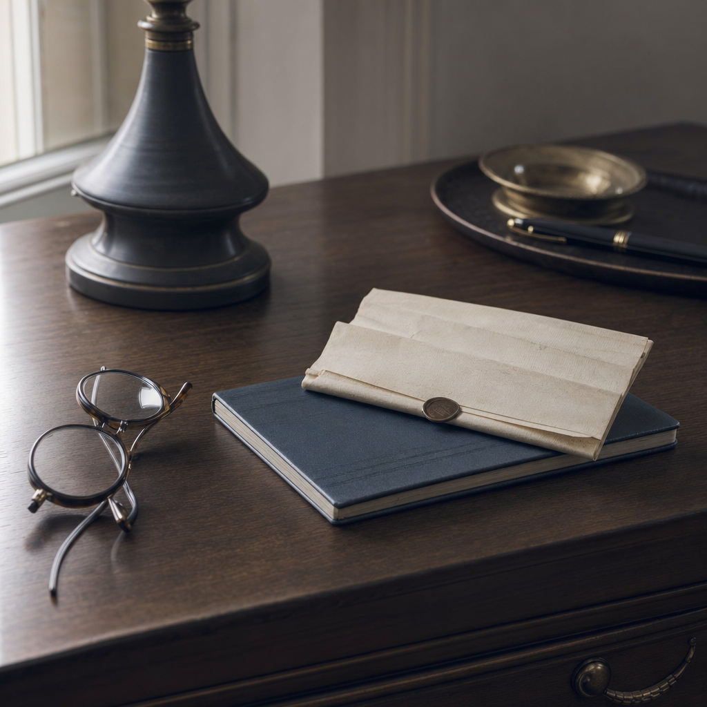A wooden desk with a death certificate, a sealed grant of probate, and a fountain pen resting beside a closed leather folder, photographed in natural light