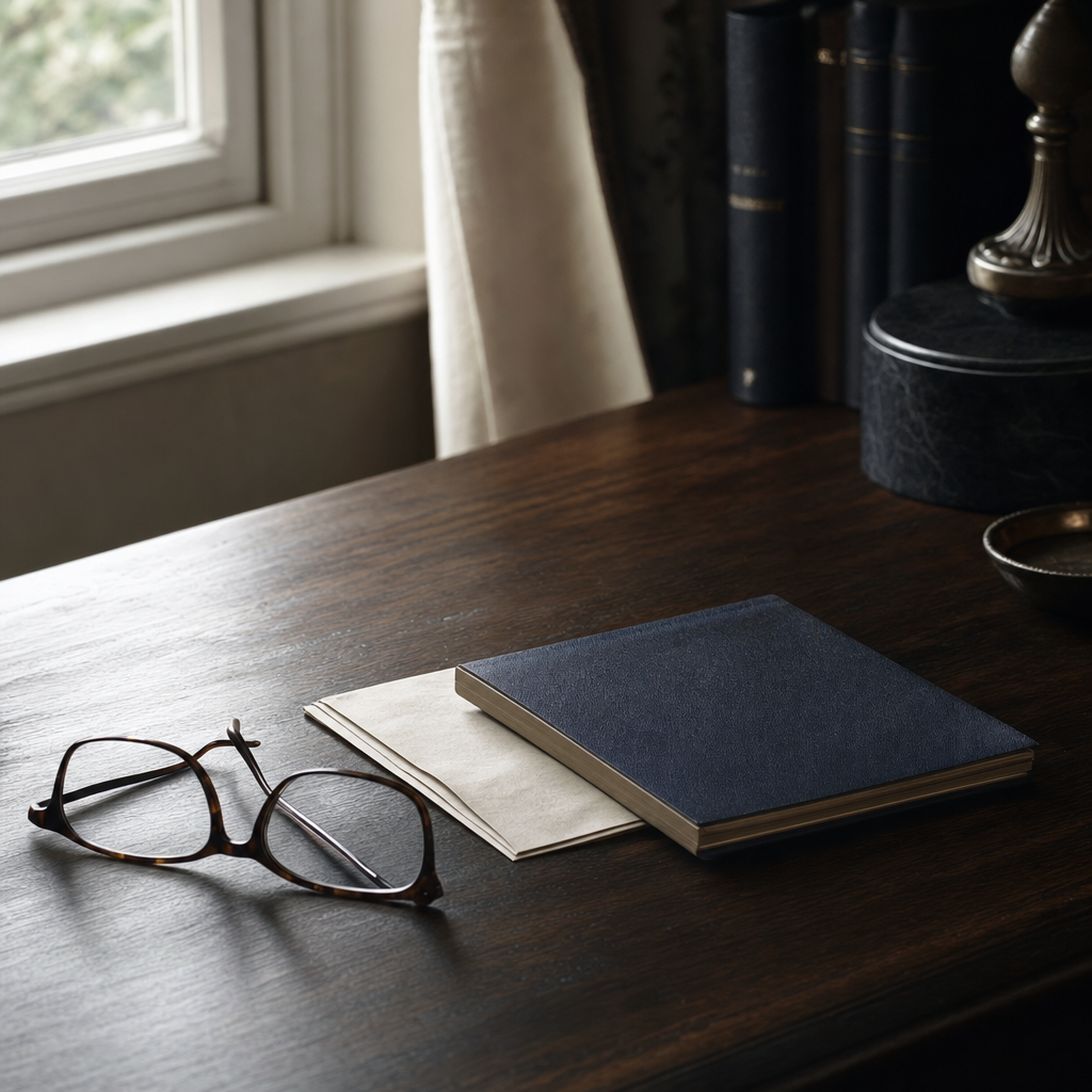 A mahogany desk with a certified death certificate, a bank statement, and a fountain pen resting on a plain white notepad, photographed in natural window light