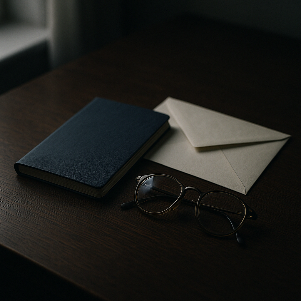 A mahogany desk with a certified death certificate, a bank statement, and a fountain pen resting on a plain white notepad, photographed in natural window light