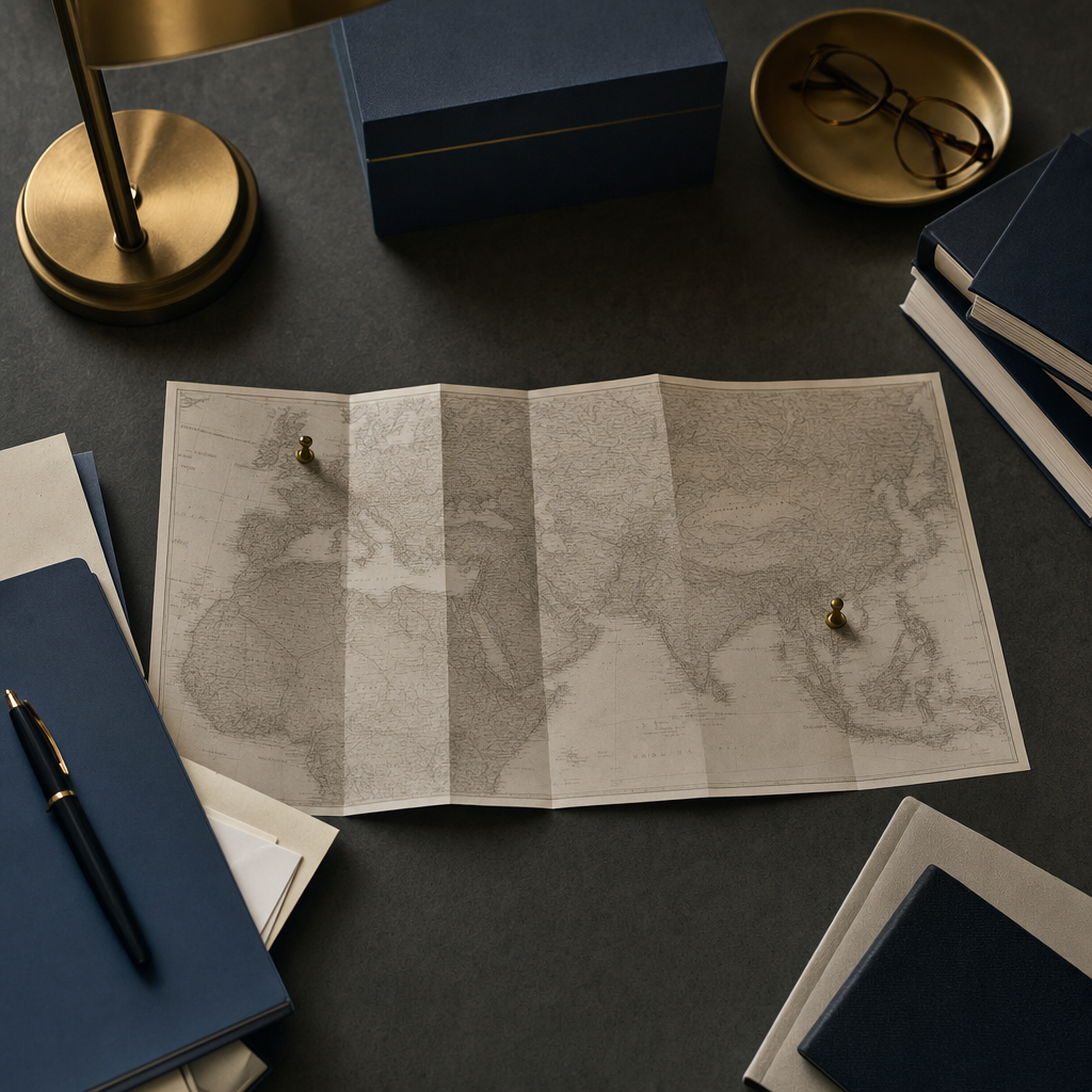 A wooden desk with an open English will document beside a French notarial deed and a passport, representing cross-border estate planning