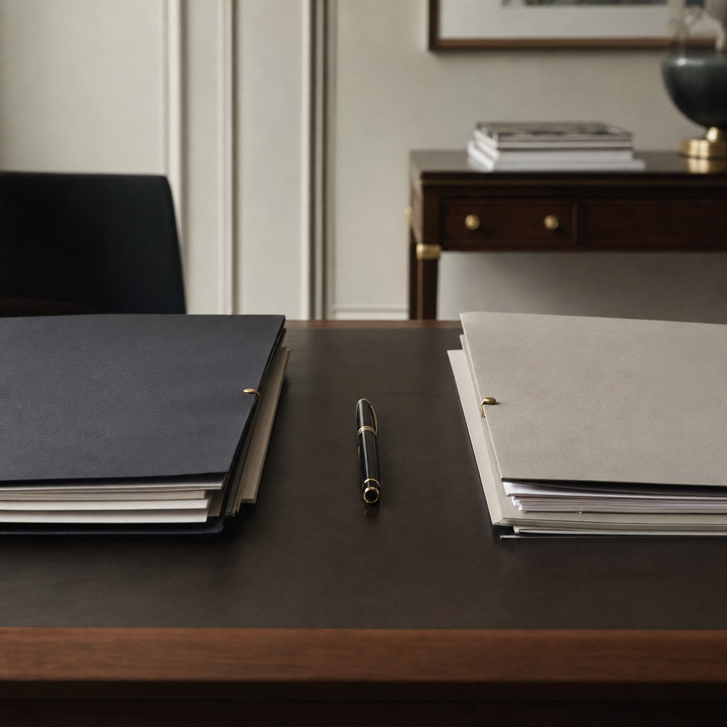 A neatly arranged stack of legal and financial documents on a wooden desk, including a marriage certificate, mortgage statement, and pension paperwork