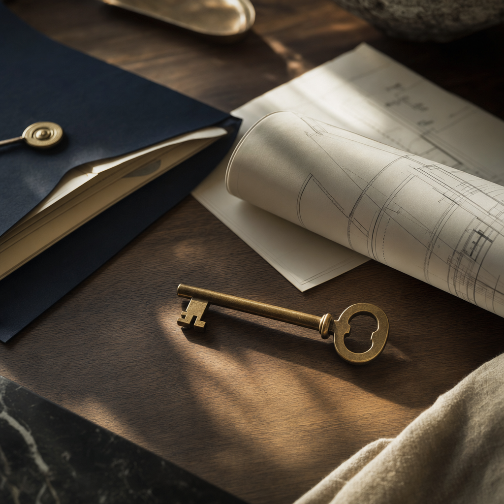 A wooden desk with an open manila folder containing house deeds, a building regulations certificate and a FENSA window installation document, with a set of house keys resting alongside.