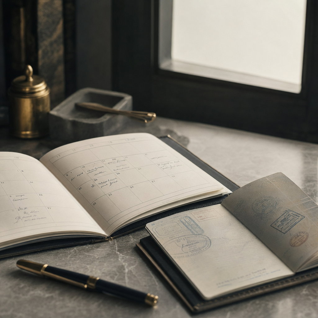 A collection of official documents including passports, insurance certificates, and legal papers spread across a dark wooden desk, some visibly date-stamped