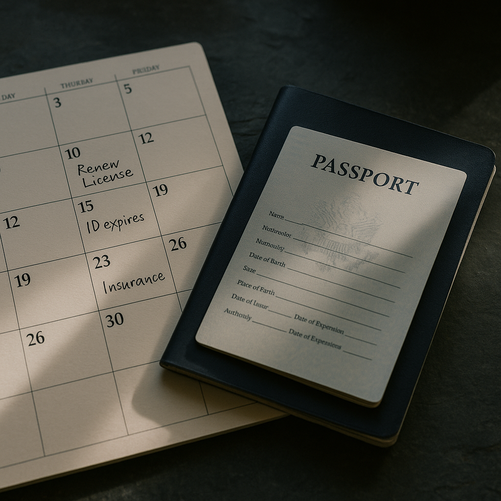 A collection of official documents including passports, insurance certificates, and legal papers spread across a dark wooden desk, some visibly date-stamped