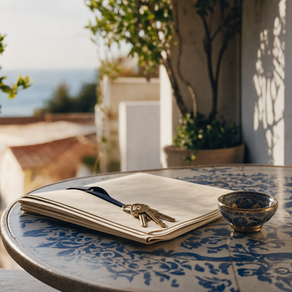 A stone farmhouse in the Spanish countryside with a terracotta-tiled roof, viewed across an olive grove at dusk, with a stack of legal documents and a British passport resting on a wooden table in the