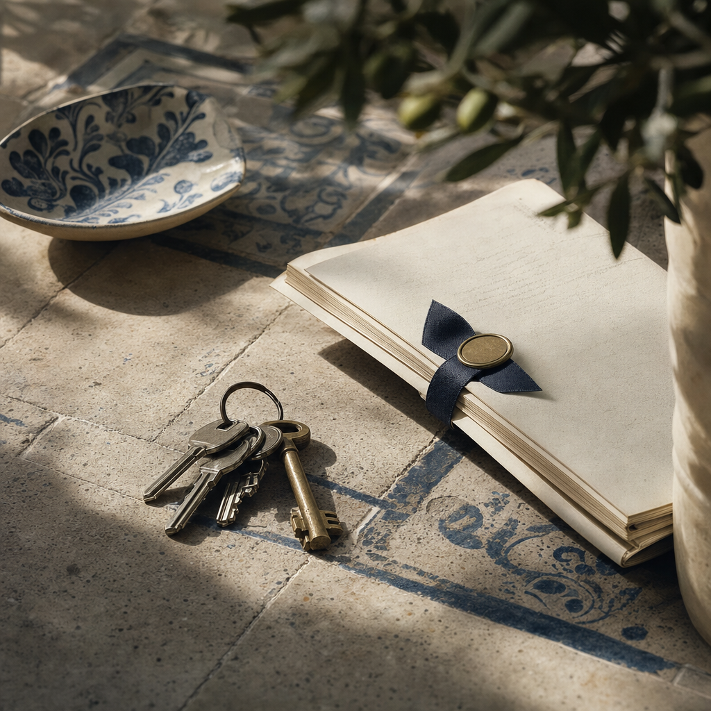 A sunlit terrace of a white Andalusian villa with a view toward distant hills, a folded set of legal documents resting on a wrought-iron table beside a glass of water