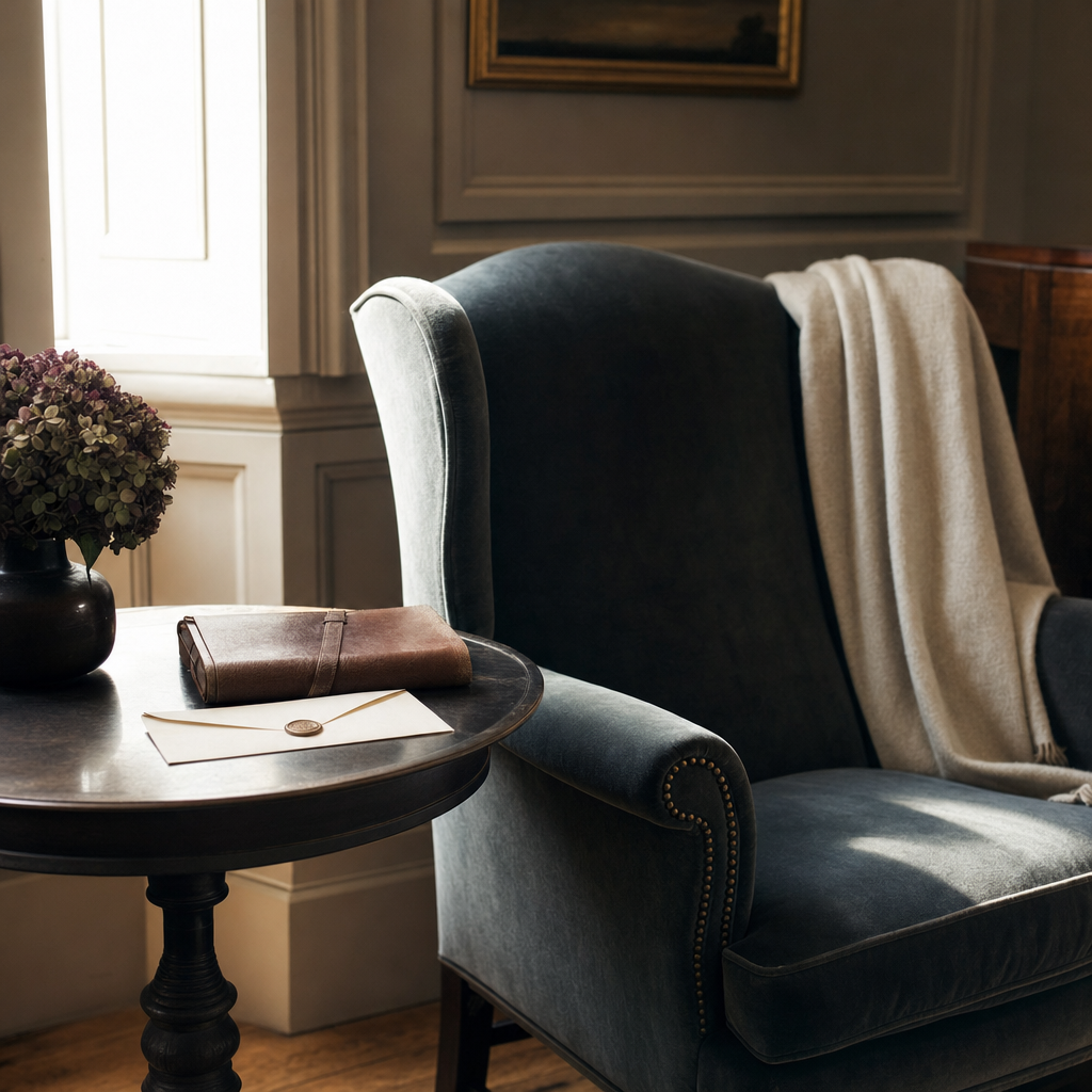 A wooden writing desk with an unsigned legal document, a pen resting beside it, and a window overlooking a quiet English garden in soft morning light.