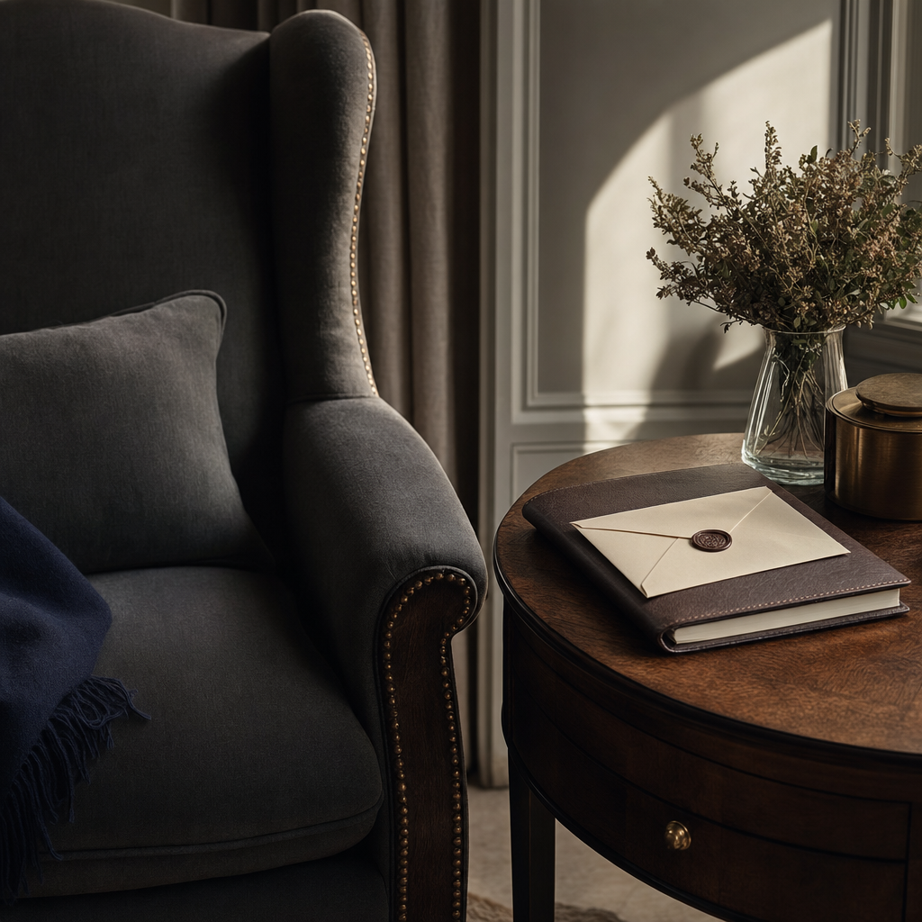 A solicitor's desk with a blank document, a pen, and a set of house keys resting beside an untouched envelope marked 'Last Will and Testament'