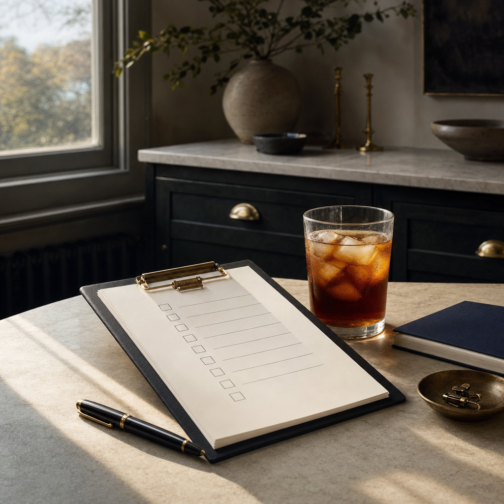 A mahogany writing desk with a stack of legal documents, a pen, and a sealed envelope bearing a wax stamp, photographed in natural window light