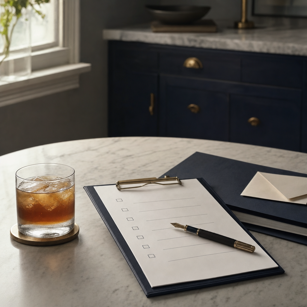 A wooden desk with an open manila folder, several official documents including what appears to be a property deed and a handwritten will, and a fountain pen resting to one side.