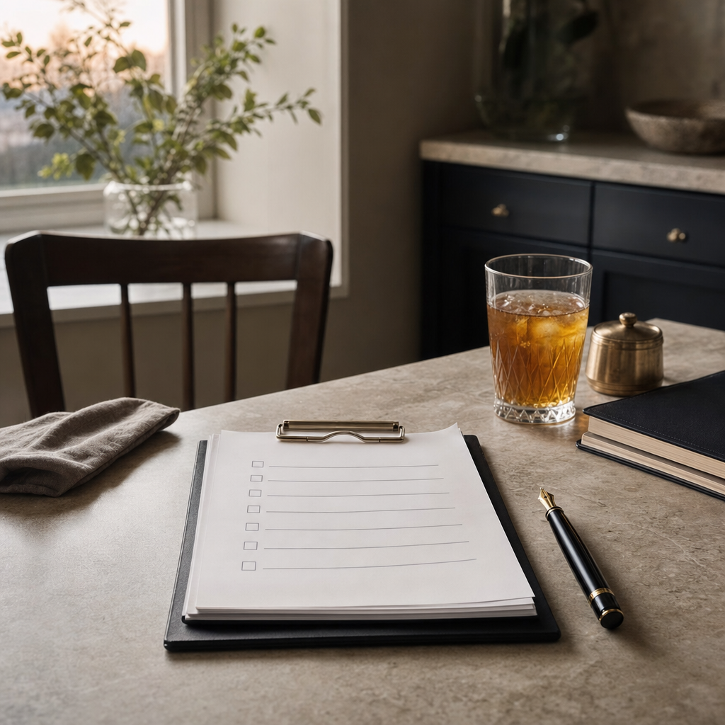 A leather-bound folder open on a desk beside a stack of formal correspondence, a sealed envelope, and a fountain pen, suggesting estate administration paperwork.