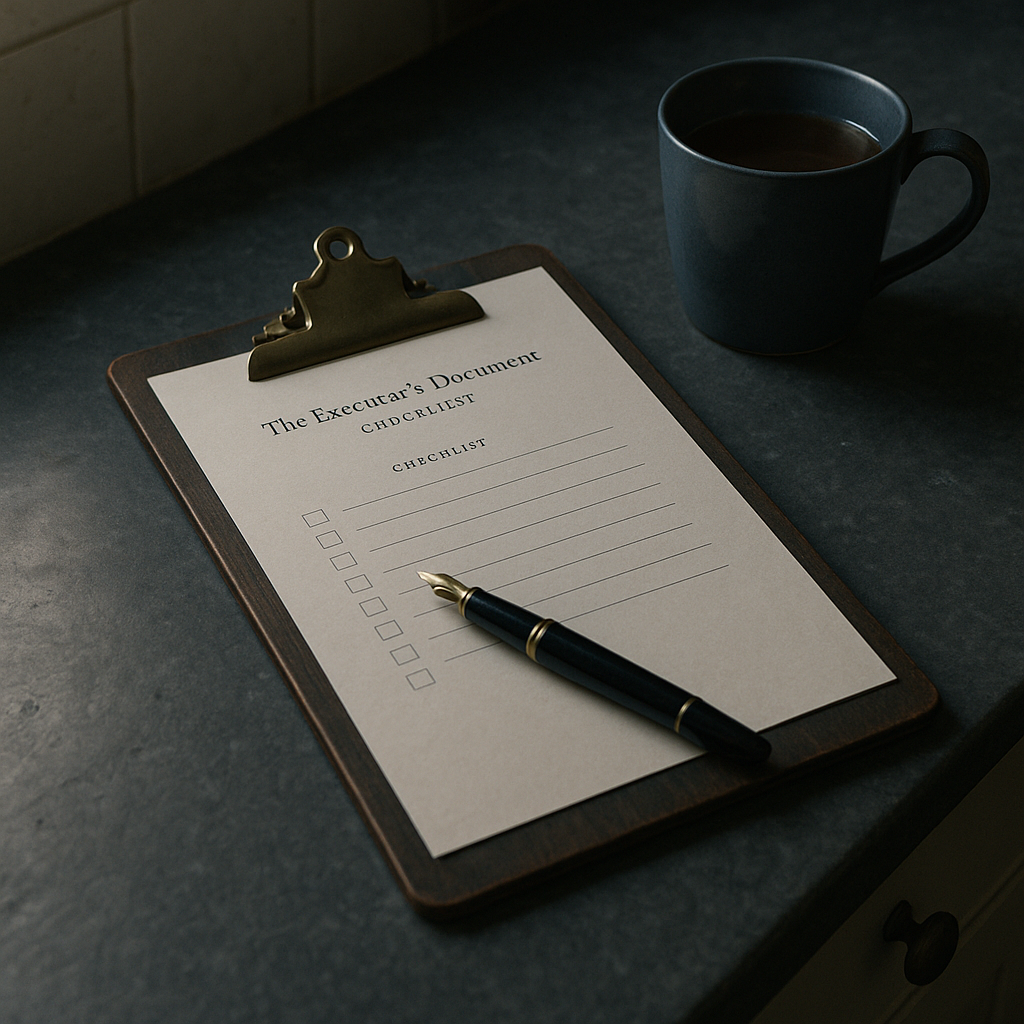 A leather-bound folder open on a desk beside a stack of formal correspondence, a sealed envelope, and a fountain pen, suggesting estate administration paperwork.