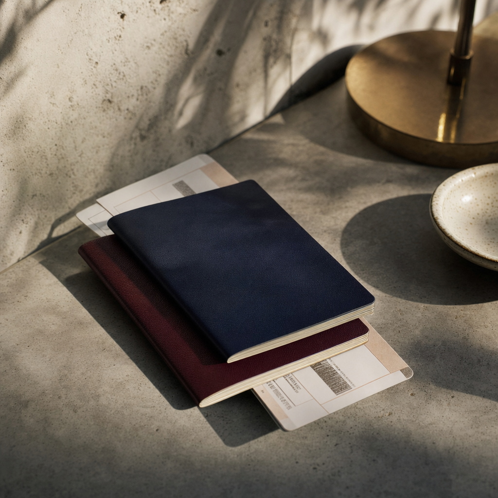 A wooden desk with a British passport, a Spanish NIE certificate, and a notarised property deed laid out side by side, with a pen resting across them