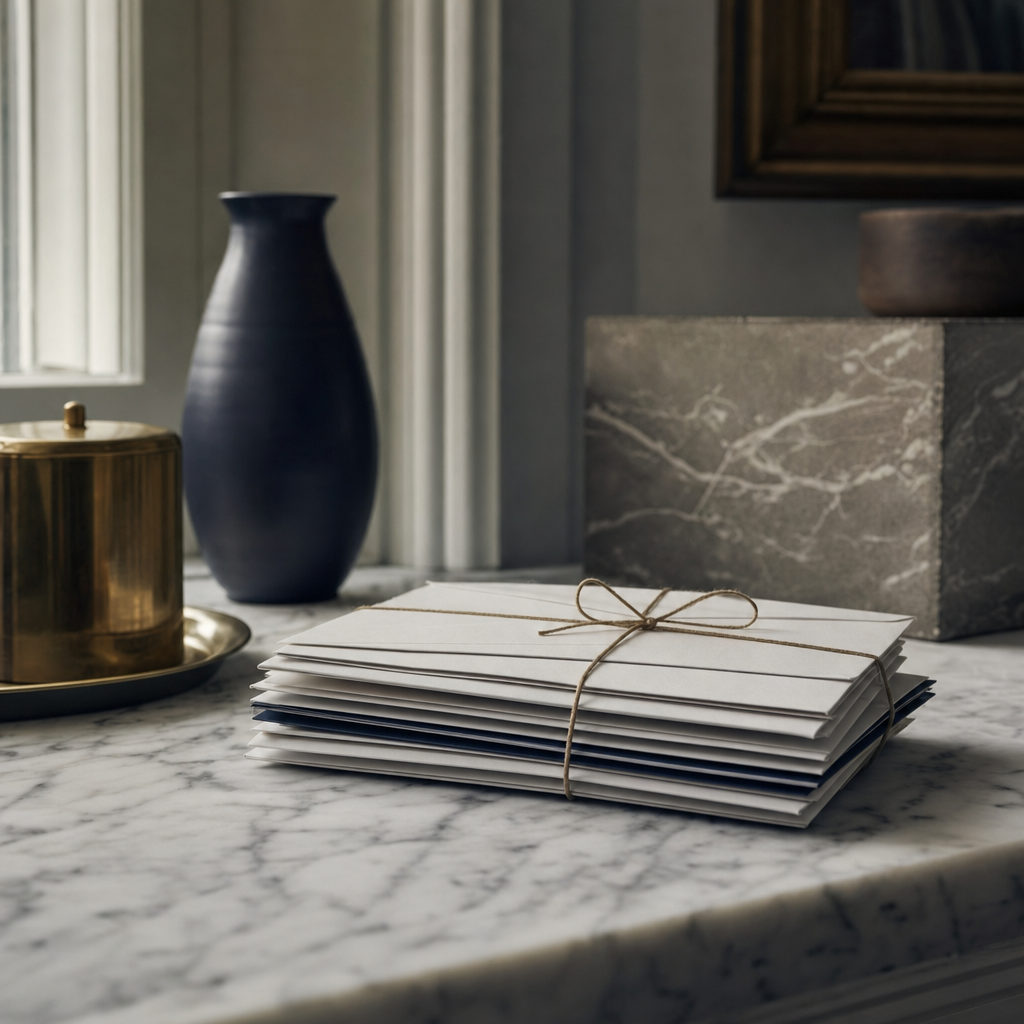 A weathered manila folder of insurance documents and bank statements laid open on a wooden desk beside a cup of tea, photographed in subdued natural light