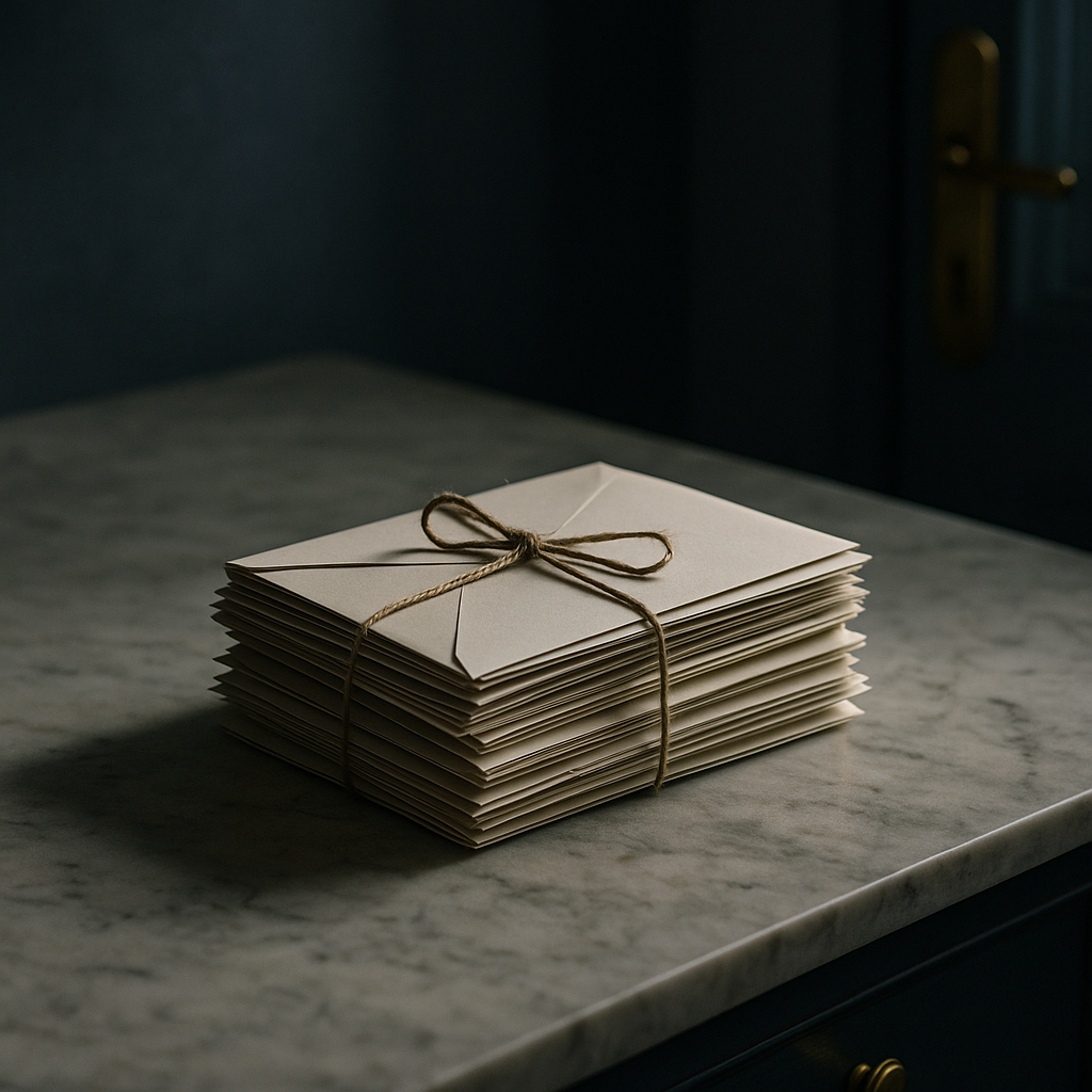 A wooden desk with a manila folder open beside a set of bank statements, a fountain pen resting across the papers, natural window light from the left