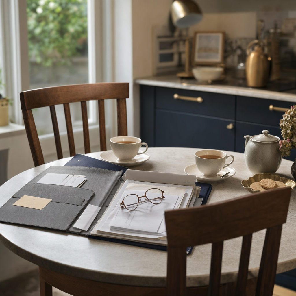 An older man and his adult daughter sit at a kitchen table with a folder of documents open between them, talking quietly in afternoon light.