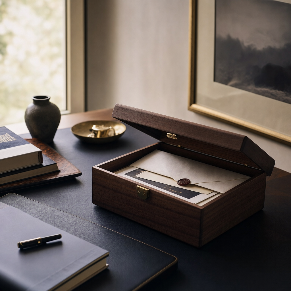 A neatly organised folder of personal documents resting on a wooden desk beside a fountain pen and a pair of reading glasses
