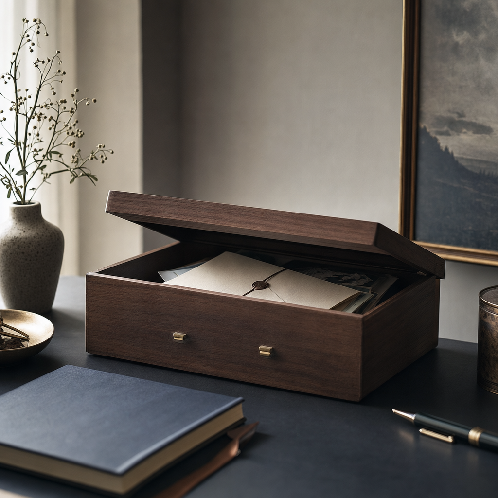 A neatly organised manila folder open on a wooden desk, containing printed documents, a handwritten contact list and a sealed envelope marked 'family'