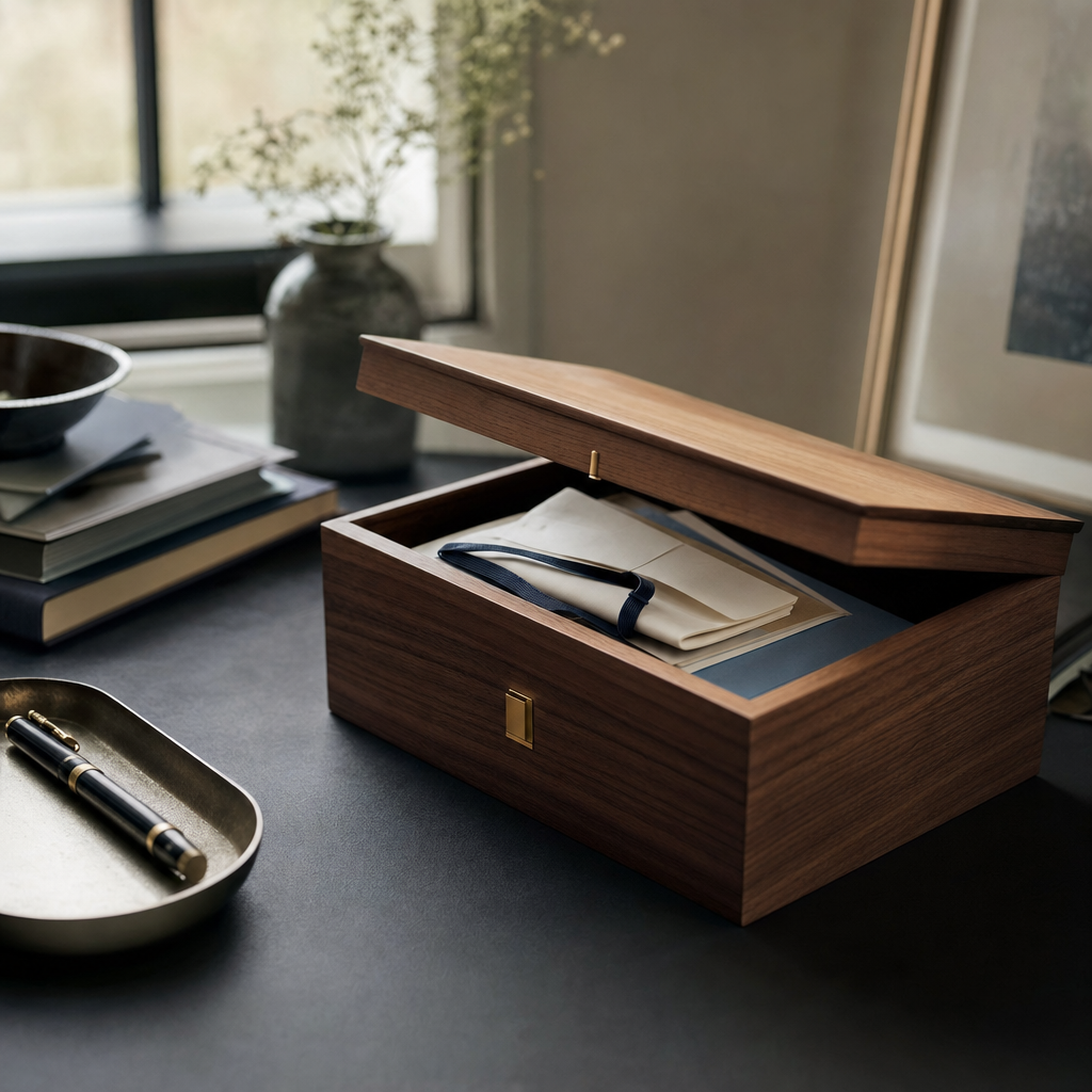 A wooden desk with an open manila folder containing neatly organised documents, a handwritten list and a set of keys beside a cup of tea