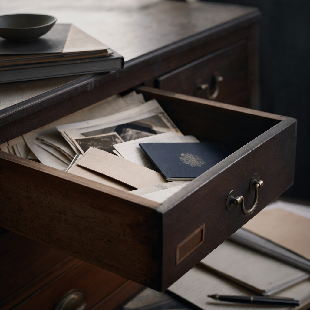 A half-open kitchen drawer containing a disorganised stack of paper documents, including a faded envelope and a folded certificate, lit by pale morning light