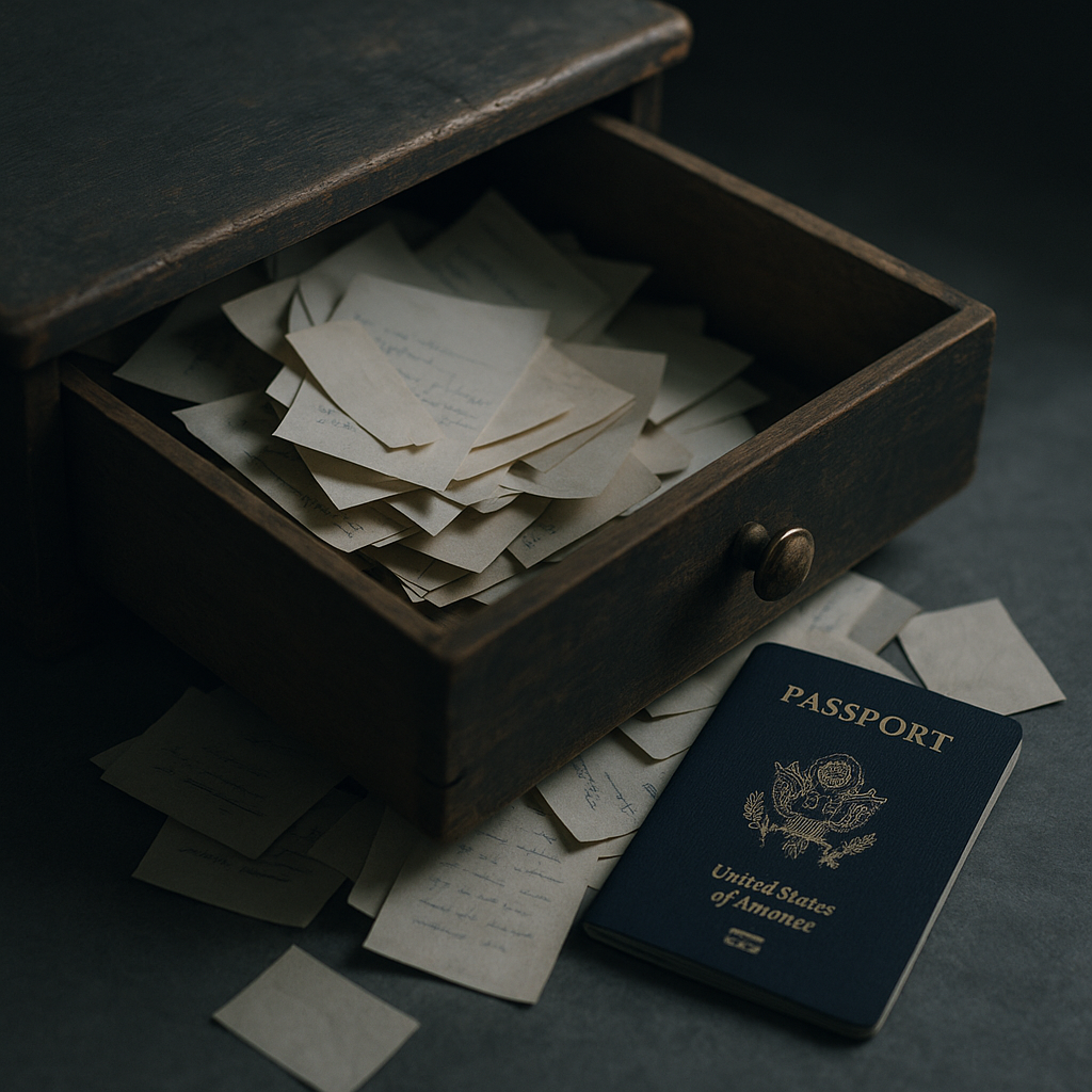 A half-open kitchen drawer containing a disorganised stack of paper documents, including a faded envelope and a folded certificate, lit by pale morning light