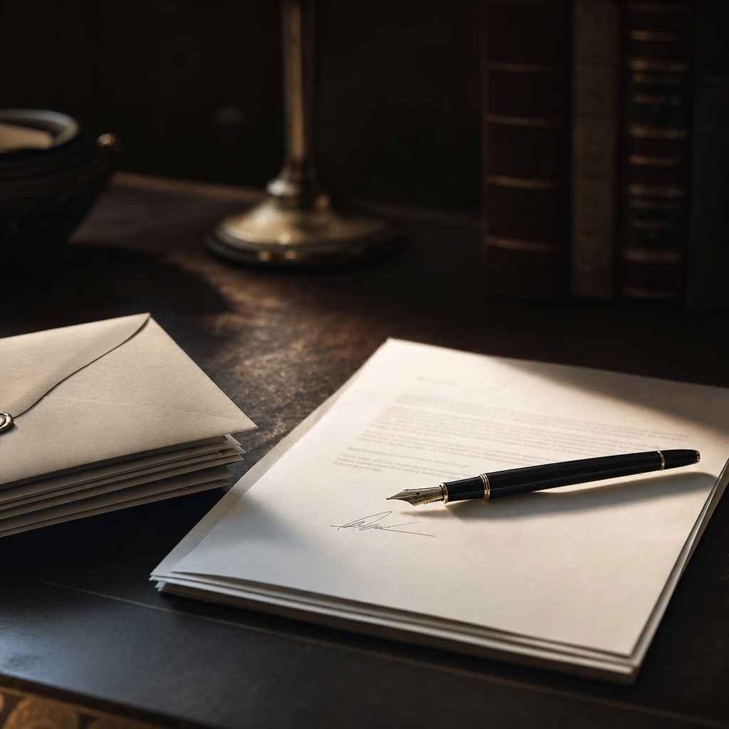 A fountain pen resting on an unsigned legal document on a dark wooden desk, with a reading lamp casting warm light across the page.