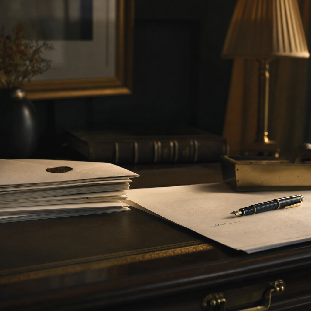 A folded legal document resting on a dark wooden desk beside a fountain pen, suggesting formal preparation and quiet deliberation