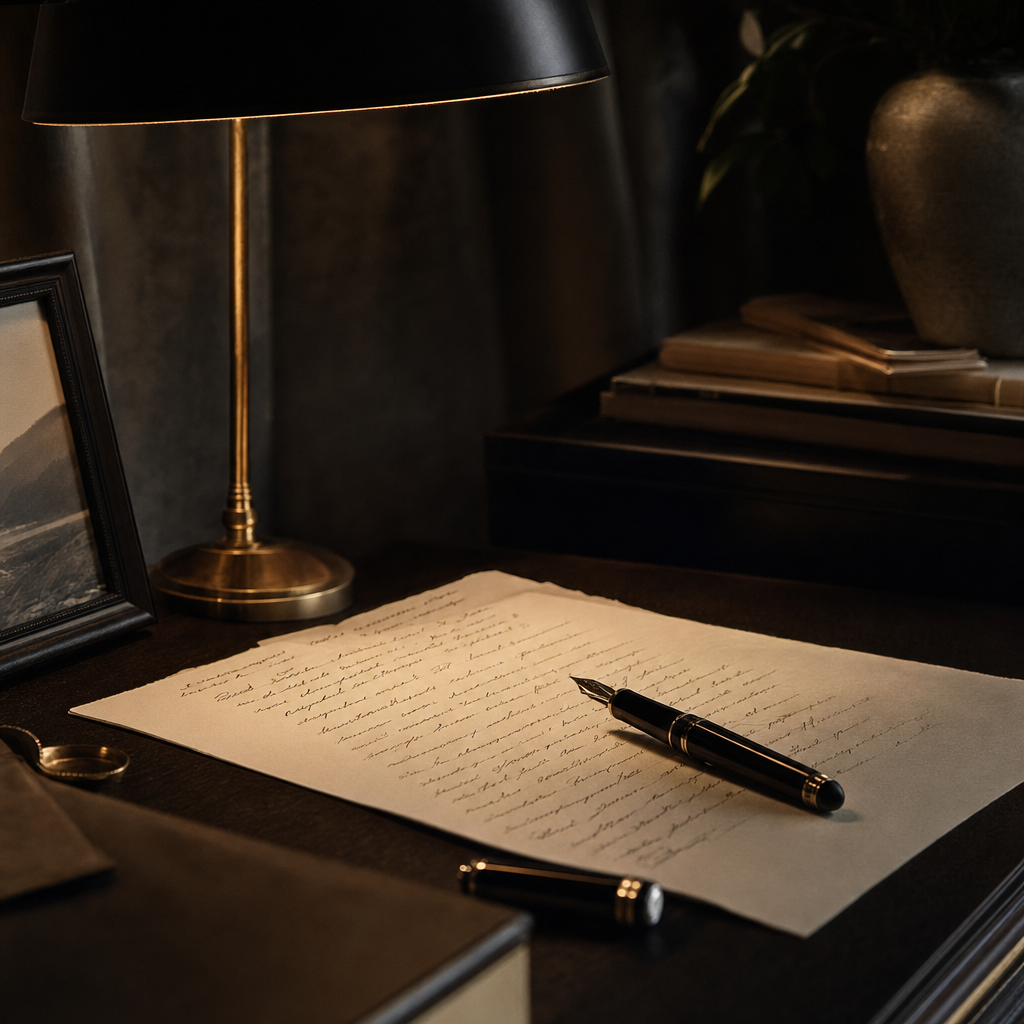 A sealed envelope and a handwritten letter resting beside a formal legal document on a dark oak writing desk, photographed in natural light.