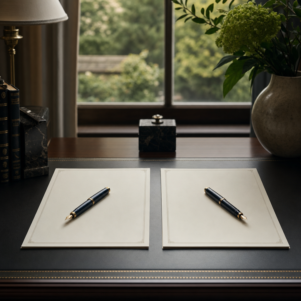 Two open leather-bound documents lying side by side on a wooden desk, each bearing a handwritten signature, representing a pair of mirror wills awaiting execution.