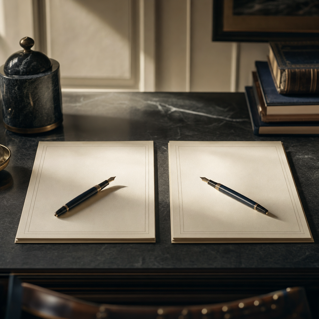 Two identical wills placed side by side on a wooden desk beside a wedding ring and a fountain pen, photographed in natural light