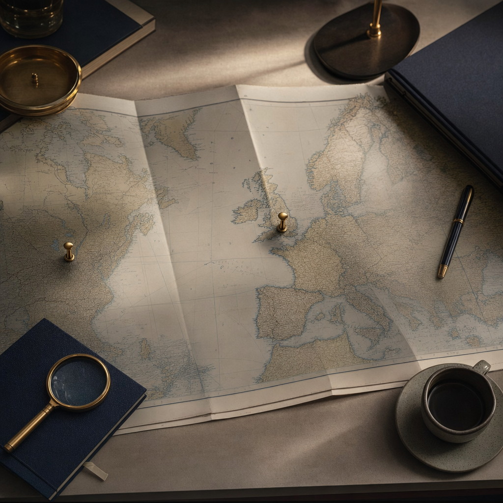 A wooden desk holding two separate will documents beside a map showing England and southern Europe, with a pen resting between them