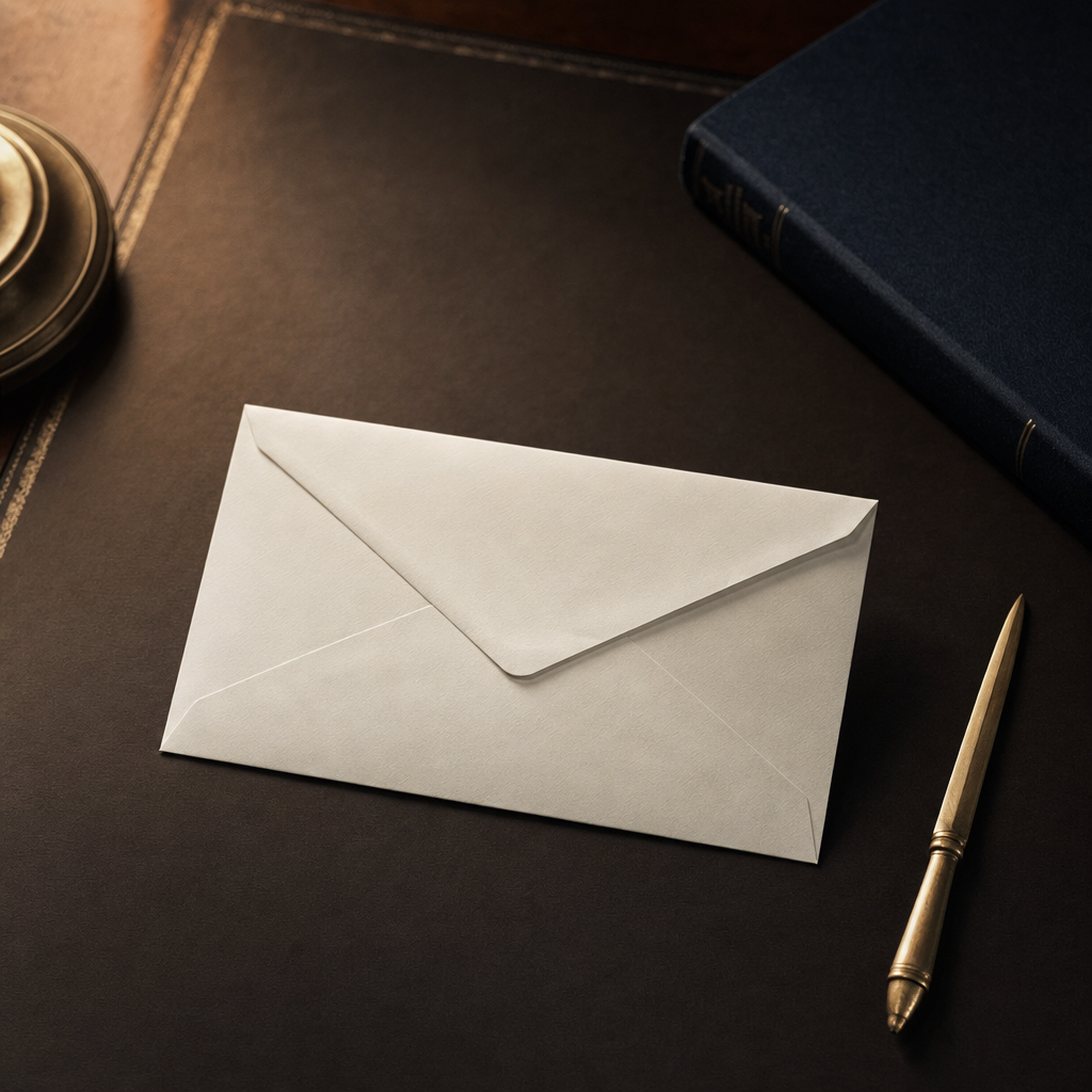 A registrar's desk with a printed death certificate, a government reference number letter, and a plain envelope ready to be sealed