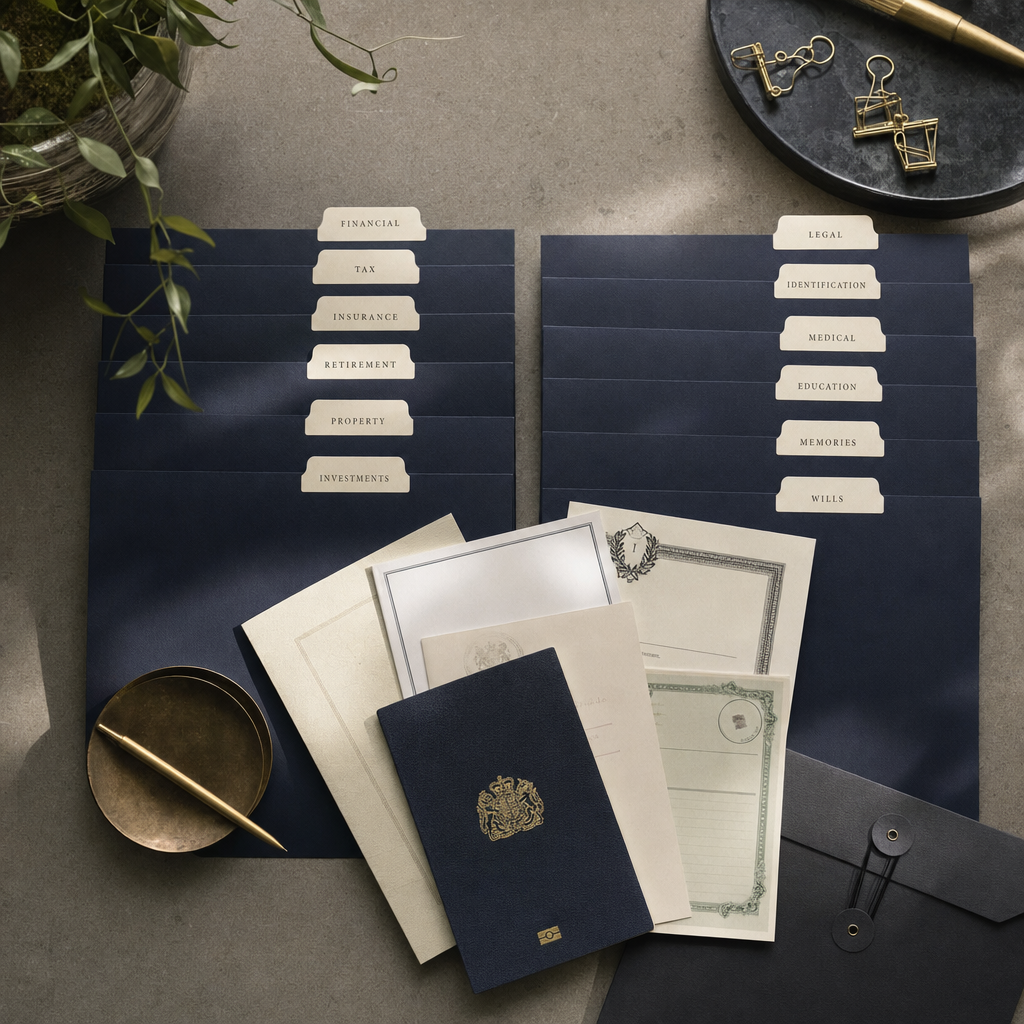 A neatly organised set of document folders and sealed envelopes arranged on a dark wooden desk, with a fountain pen resting beside them.