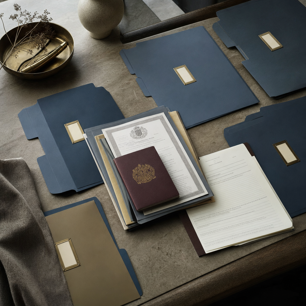 An open leather document wallet on a wooden desk, containing neatly organised papers including a British passport and folded certificates