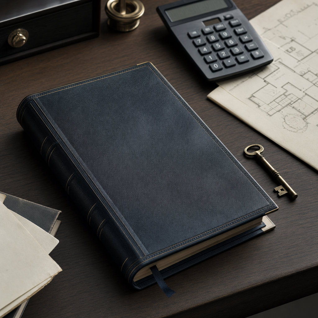 A leather-bound folder of estate documents, a probate application form, and a fountain pen resting on a mahogany desk beside a copy of a property valuation report