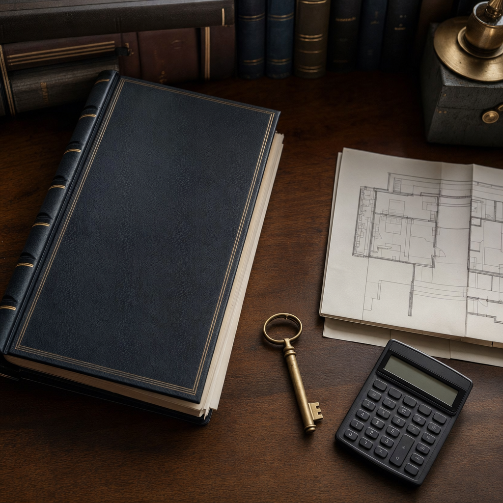 An executor sits at a wooden desk reviewing a stack of financial documents, a property valuation report, and a bound folder of estate papers in natural morning light.