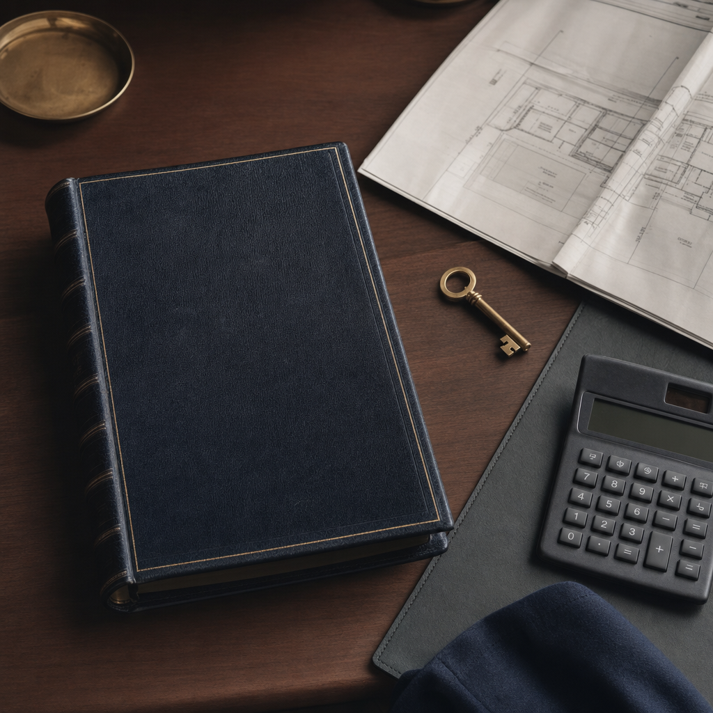 A wooden writing desk with an open manila folder containing handwritten inventory lists, a fountain pen, and a stack of formal correspondence letters tied with string.
