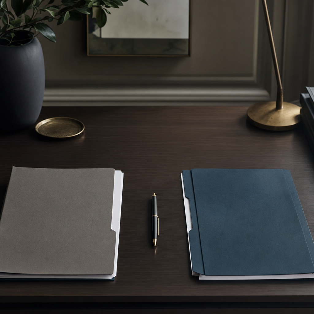 A wooden desk with an open manila folder containing financial statements, a marriage certificate, and a pen, photographed in soft natural light.